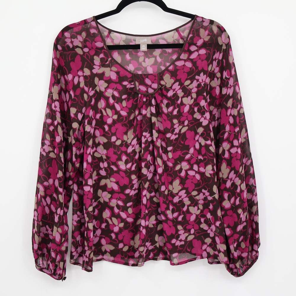 J‎ Jill Silk Floral Peasant Top Womens MP Pink Brown Long Sleeve Bloomcore Boho